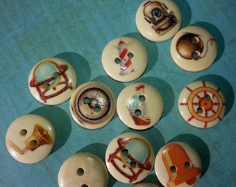 PAINTED WOOD BUTTON Lot,Nautical Mariner Buttons,Craft Buttons,Sewing Buttons,Scrapbook Buttons,Patterned Buttons,15mm Two Hole Buttons