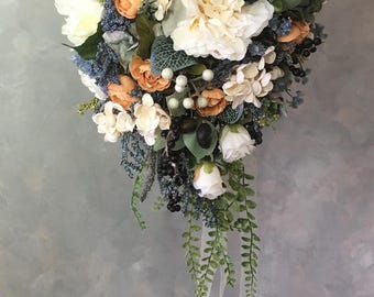 SILK bridal WEDDING bouquet Ivory/Blue cascading