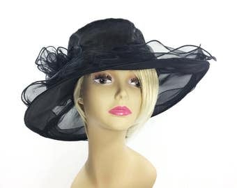 Elegant Ladies Sheer Black Tea Party Hat, Black Summer Hat, Dress Up Hat, Black Funeral Hat, Tea Party Hat #A773