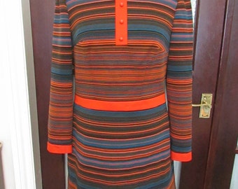 1960s Diolen Loft teal/orange/brown stripe long-sleeve mini dress