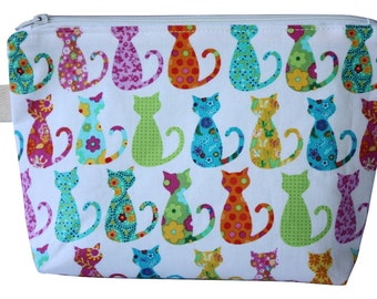 Cosmetic bag, Zippered pouch, Makeup bag, calico cats on white, fully lined