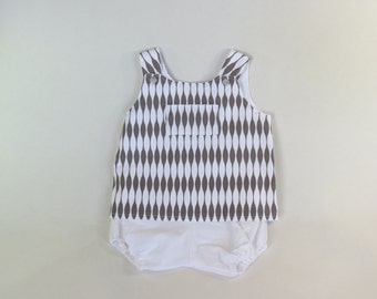 Gray and white geometric pinafore and bloomers