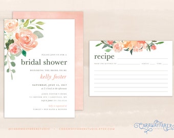 Printable Peach Bridal Shower Invitation Set Recipe Card Blush Rose Watercolor Modern Garden Spring Floral Bridal Shower Invitation Suite