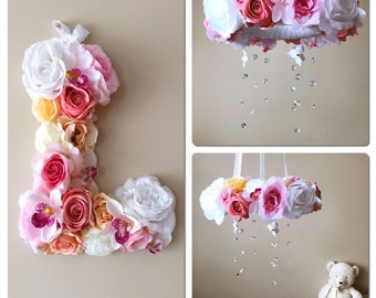 Baby mobile and matching 14"/35 cm flower letter, Floral mobile, Floral letter, Crystal mobile, Nursery decors, Crib mobile, Matching decors