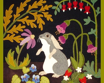 A Garden Intruder - Summer: Rabbit, Primitive, Whimsical, Wool Appliqué PATTERN, Sweet Quilt - You get FREE SHIPPING