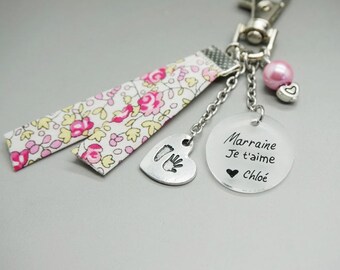 porte clé liberty cabochon "Marraine je t'aime" + prénom enfant coeur main pied personnalisable