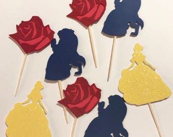 Beauty and the beast toppers/ cupcakes/ party decor/ beauty and the beast party/ rose/ belle/tale as old as time/ be our guest