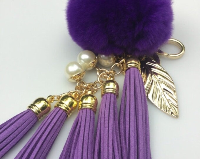 Fur Pom Pom "Purple Queen" charm ball pompon bag charm tassel keychain with tassel elements charms