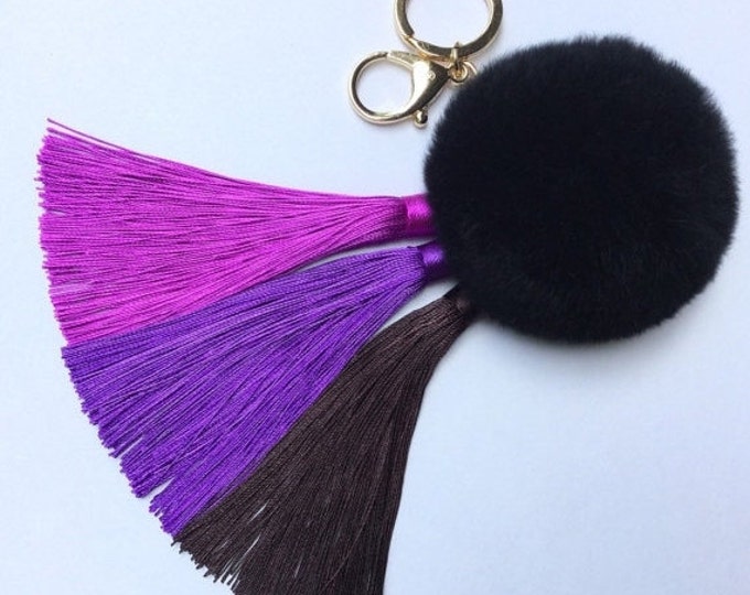 Purple/Brown Gradient Tassel Handbag Charm Fur Pom Pom ball keychain