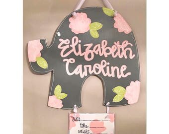 floral baby door hanger // hospital door hanger // pink + grey + ivory // elephant // nursery door hanger