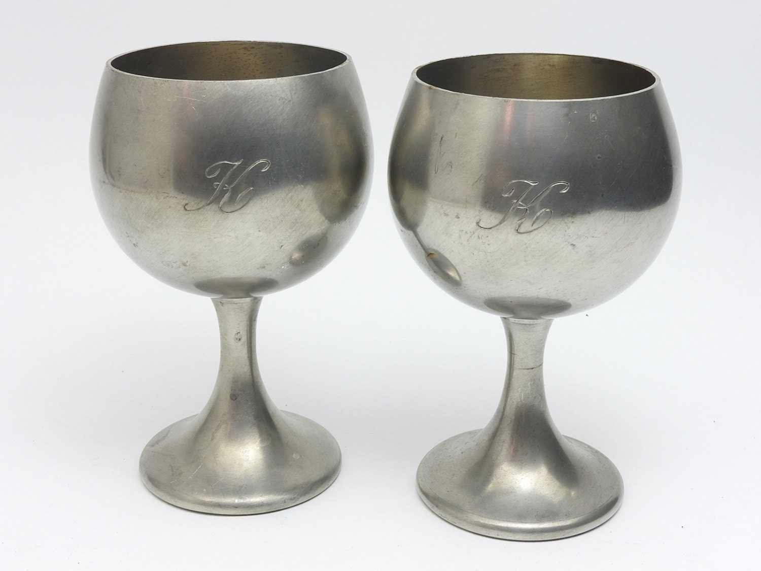 Pair Of Pewter Wine Goblets With Elegant Engraved Initial 