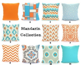 Orange Aqua Gray Pillow Covers, Cushions, Decorative Throw Pillows, Chevron, Damask, Home Decor, Geometric One or More Mix & Match All Sizes