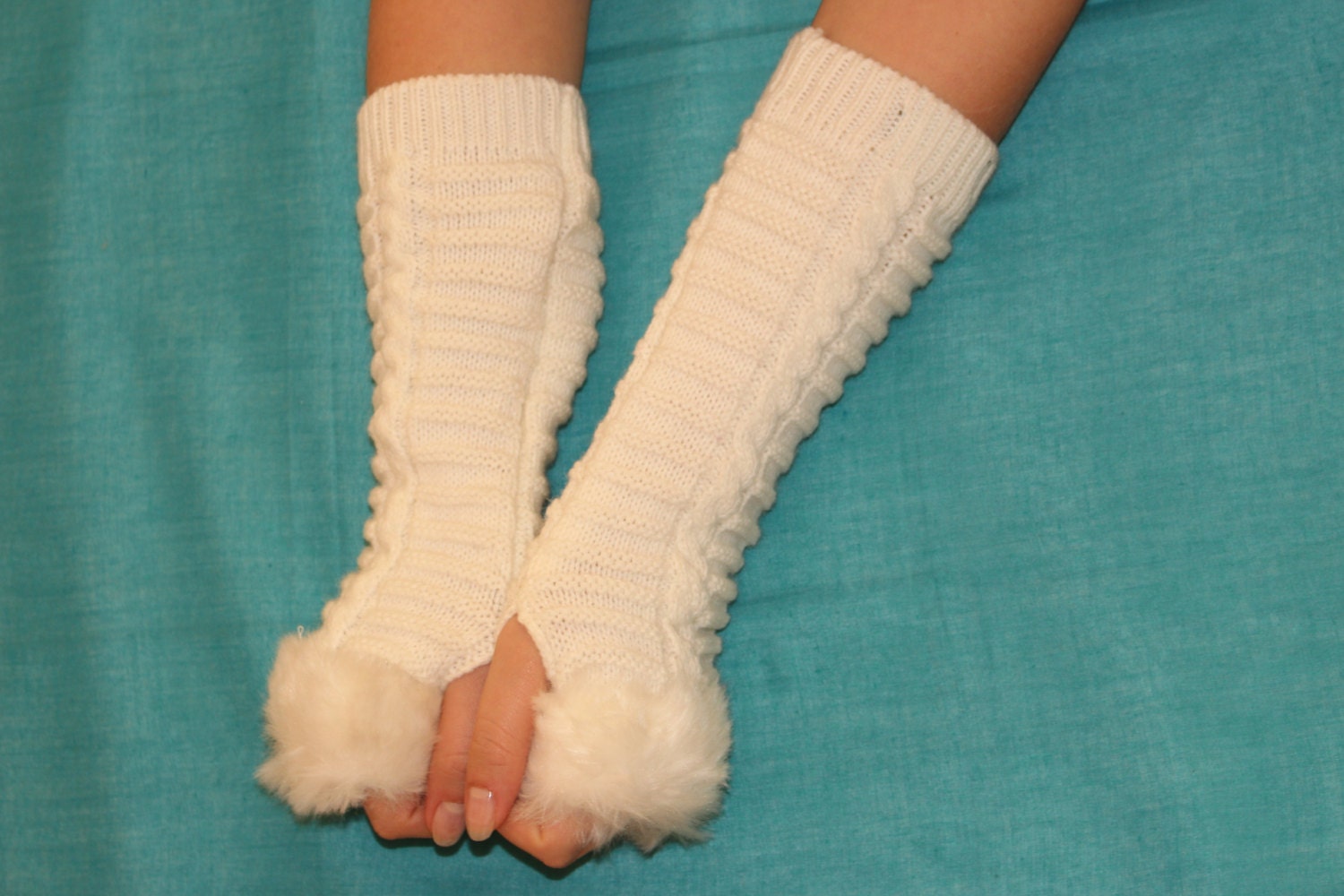 White Fur Gloves Knit Fingerless Gloves Arm Warmer by GOOLASHOP