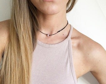 Rose quartz choker necklace, crystal choker, pink crystal, beaded choker gemstone necklace on adjustable black cord by Serenity Project