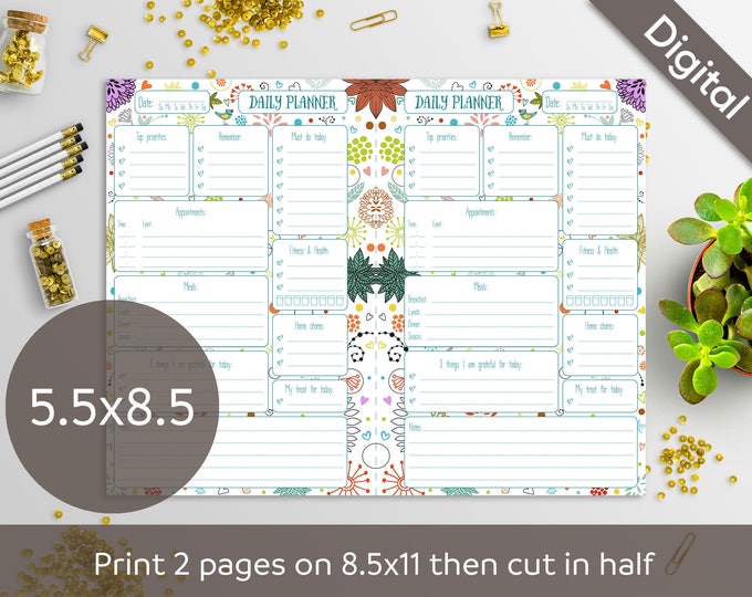 5.5 x 8.5 Daily Planner Printable, Half size printable refills, Half Letter, Syasia Cute Floral Day Organizer, DIY PDF Instant Download
