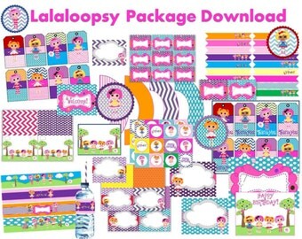 Lalaloopsy Party Package, party decor, Cupcake toppers, signs, birthday banner, water bottle wrappers, buffet cards, full set, download file