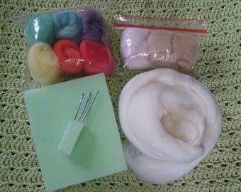 Needle felting kit. 6 Pastel pure Merino wool hand-dyed tops, 3 skin colours, 50 grams white Merino, 3 needles, felting foam. DIY craft wool