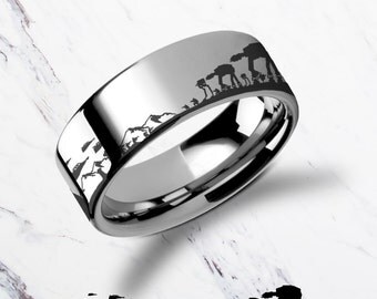 Engraved Star Wars Battle of the Hoth Scene ATAT ATST Tungsten Ring Flat and Polished - 4mm to 12mm Available - Lifetime Size Exchanges