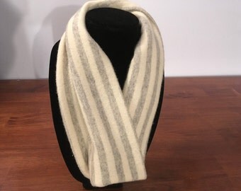Upcycled cashmere infinity scarf. #22 Cream and grey striped felted cashmere infinity scarf.