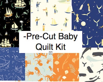 Organic Baby Quilt Kit, Modern Nautical Nursery Quilting Cotton, Pre-cut Squares, Saltwater by Birch Ships, Mermaids, Octopus, Whales, Ocean