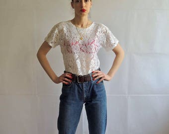 Vintage Lace Shirt Top/ Vintage White Lace Shirt/ Ladies Short Sleeve Blouse