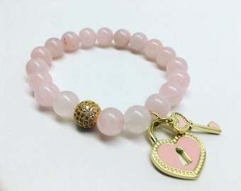 Rose Quartz Bracelet, Quartz Bracelet, Heart Charm Bracelet, Pink Bracelet, CZ Pave Bracelet, Gemstone Bracelet, Beaded Bracelet