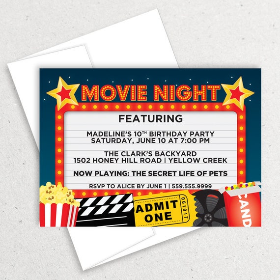 Movie Night Birthday Invitation Slumber Party Movie