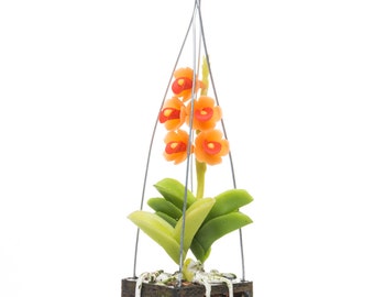 Dollhouse Miniatures Orange Vanda Orchid with Wooden Orchid Basket