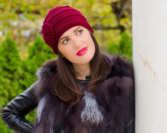Crochet flower hat, knit hat with flower, flower beanie, womens winter hat, knit hats women, claret flower hat, womens beanies, ladies hats