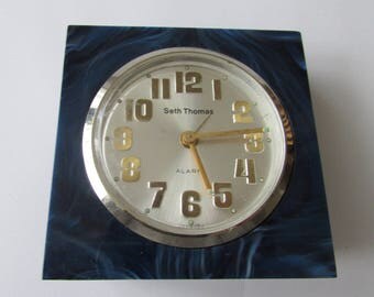 Vintage Blue Seth Thomas Alarm Clock Germany Hard Plastic Lucite Small Clock