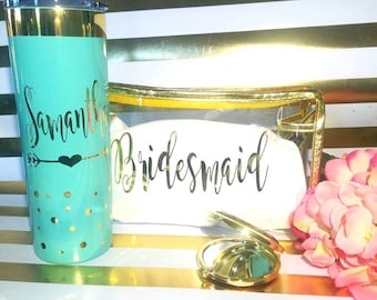bridesmaid gift,personalized tumbler,bridal party,bachelorette party.bride gift.wedding tumbler.makeup bag.destination wedding.bridal gift