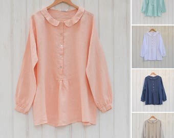 Plus Size Linen, Lagenlook Linen top Ladies Long sleeve linen blouse Linen Shirt, Womens Linen summer blouse Vintage Boho, Mori Girl 8935