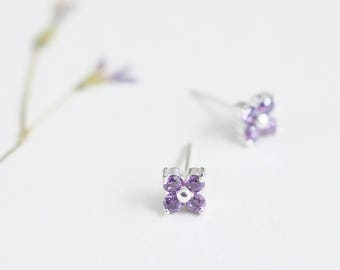 Amethyst Flower Earrings 925 Sterling Silver February Birthstone Tiny Stud Earrings