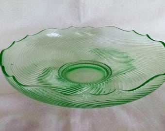 Green Depression Glass Swirl pattern Footed Console Bowl