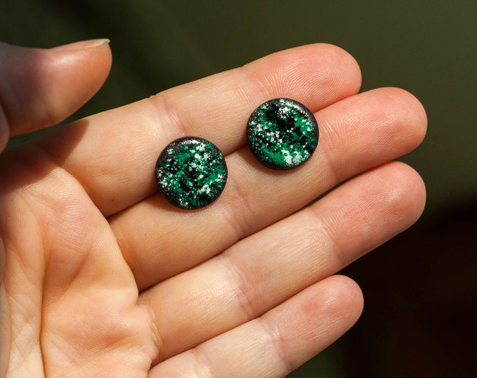 Green stud earrings, Green earrings, Stud earrings, Black green stud earrings, Small green earrings, Green stud earings, Green earrings stud
