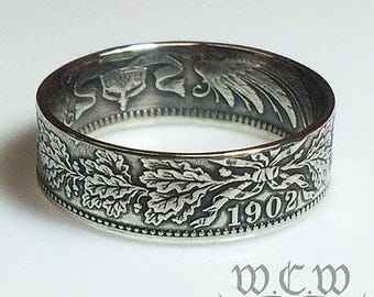 Silver German Coin Ring - Choose Your Date (1874-1916) - Germany 1 Mark Coin