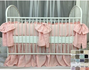 Baby Crib Bedding Set with Large Bow and Sash Ties ––White, Grey, Cream, Pink, Blue, Stripe, Chevron, 40+ colors, Custom Size, Custom Made