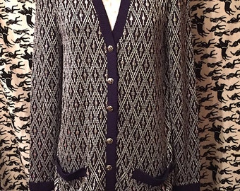 Vintage 1980s St. John Marie Gray Sweater Dress Open Front Cardigan Silver Navy Geometric Print Retro Preppy Boho