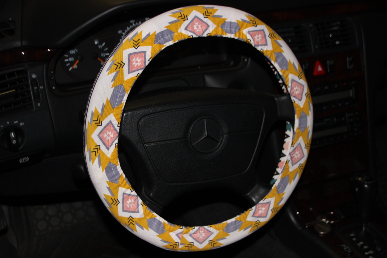 Aztec Steering wheel cover / Tribal wheel cover / Yellow gray
