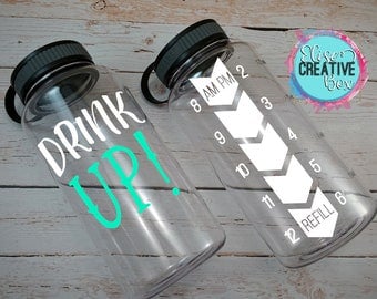 Drink Up! Large 34 Oz Inspirational Workout Water Bottle | Water Intake Tracker | Bottle Color Options | Custom Colors | Great Gift