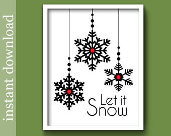 Christmas Printable, Let It Snow, winter wall art, ski decor, snow flake print, minimalist, black Christmas, cabin decor, instant download