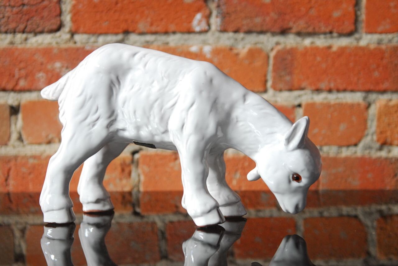 Vintage White Grazing Ceramic Goat Sheep from Petaluma Pottery