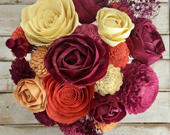 Fall Rose Floral Arrangement - Burgundy - Roses Wooden Flower Bouquet - Sola Flower Bouquet - Wedding - Gift - Forever Flowers