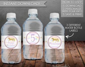 Unicorn Water Bottle Labels, Unicorn Birthday Party, Purple and Gold, Printable Water Bottle Labels, Instant Download, Editable PDF #486