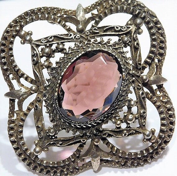 Amethyst Glass Filigree Brooch Pendant Victorian Revival Jewelry Wedding Bride Bridal Spring Summer Prom Easter Mom Mothers Day Gift Her