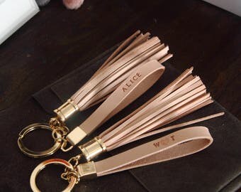 Personalized Keychain, Leather bagcharm, Leather Tassel Keychain, Leather Initial keychain, Custom stamped keychain, Charm keychain