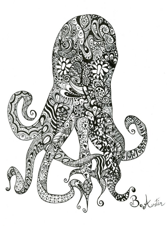 Zentangle Octopus Wall Art Giant Black and White Octopus Art