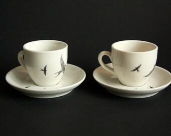 Espresso cups (Set of 2) Swallows, Screenprint, black and white, espresso tableware, nature print, tableware