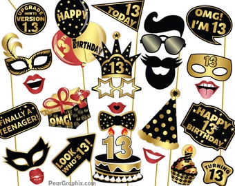 13th Birthday Photo Booth Props, 13th Birthday Girl Boy Photo Props, 13th Birthday Party Decorations, Mustache Lips Black Gold Printable PDF
