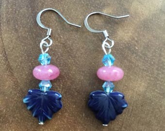 Leaf Earrings, Blue Pink Leaf Earrings, Earthy Jewelry, Nature Earrings, Dangle Earrings, Nature Jewelry, Fall Jewelry